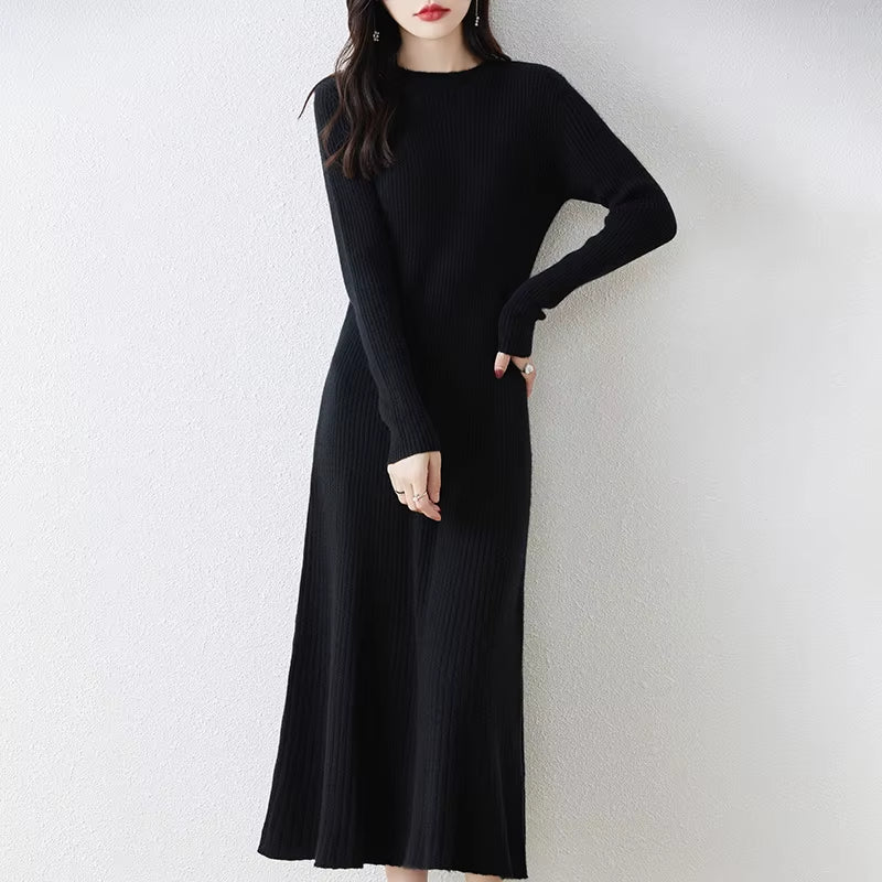 Winter/ Autumn Oneck Female Dresses 100% Wool Knitted Dress for Women 2023 New Arrival Long Style 6Colors Jumpers SY01