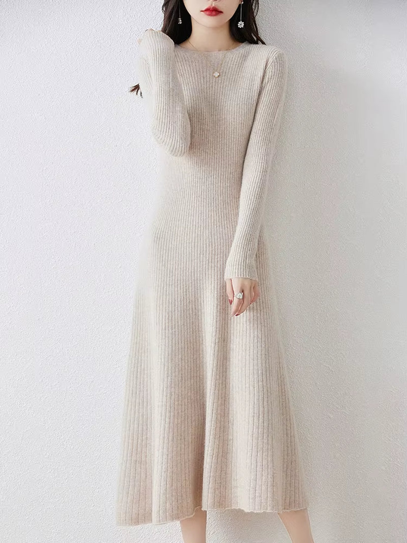 Winter/ Autumn Oneck Female Dresses 100% Wool Knitted Dress for Women 2023 New Arrival Long Style 6Colors Jumpers SY01