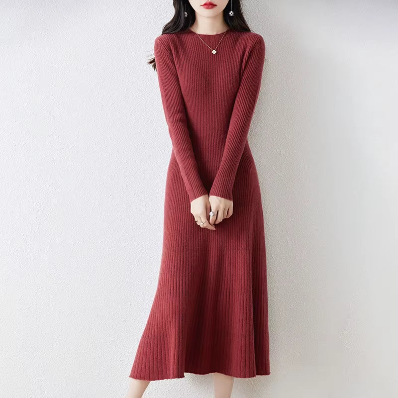 Winter/ Autumn Oneck Female Dresses 100% Wool Knitted Dress for Women 2023 New Arrival Long Style 6Colors Jumpers SY01