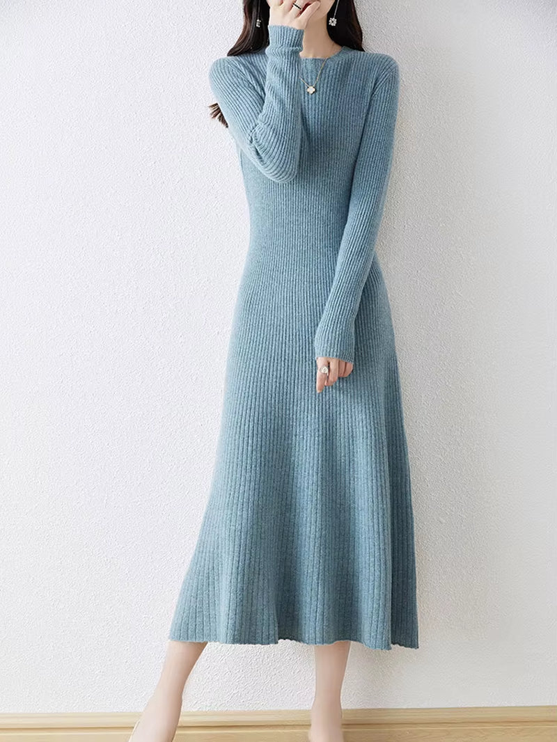 Winter/ Autumn Oneck Female Dresses 100% Wool Knitted Dress for Women 2023 New Arrival Long Style 6Colors Jumpers SY01
