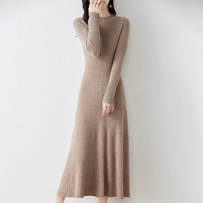 Winter/ Autumn Oneck Female Dresses 100% Wool Knitted Dress for Women 2023 New Arrival Long Style 6Colors Jumpers SY01