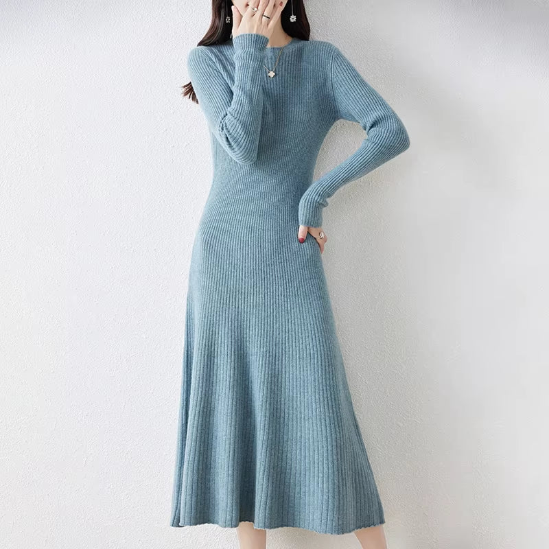 Winter/ Autumn Oneck Female Dresses 100% Wool Knitted Dress for Women 2023 New Arrival Long Style 6Colors Jumpers SY01