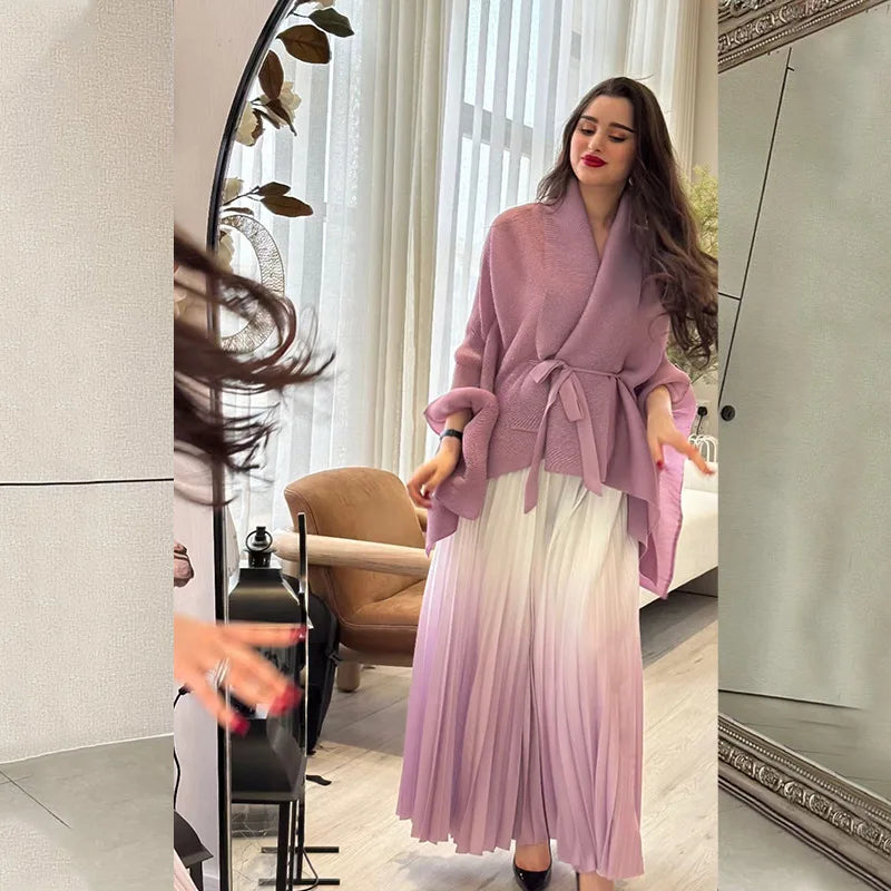 Turndown Collar Cloak Jacket Loose Skirt Set