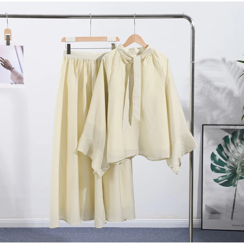 Loose Flare Sleeve Shirts High Waist Pleated Skirt