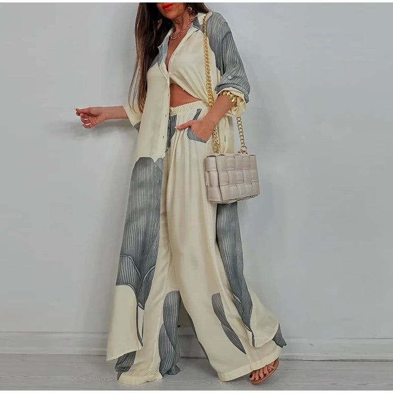 Loose Printed Long Sleeve Wide-leg Pants Outfit