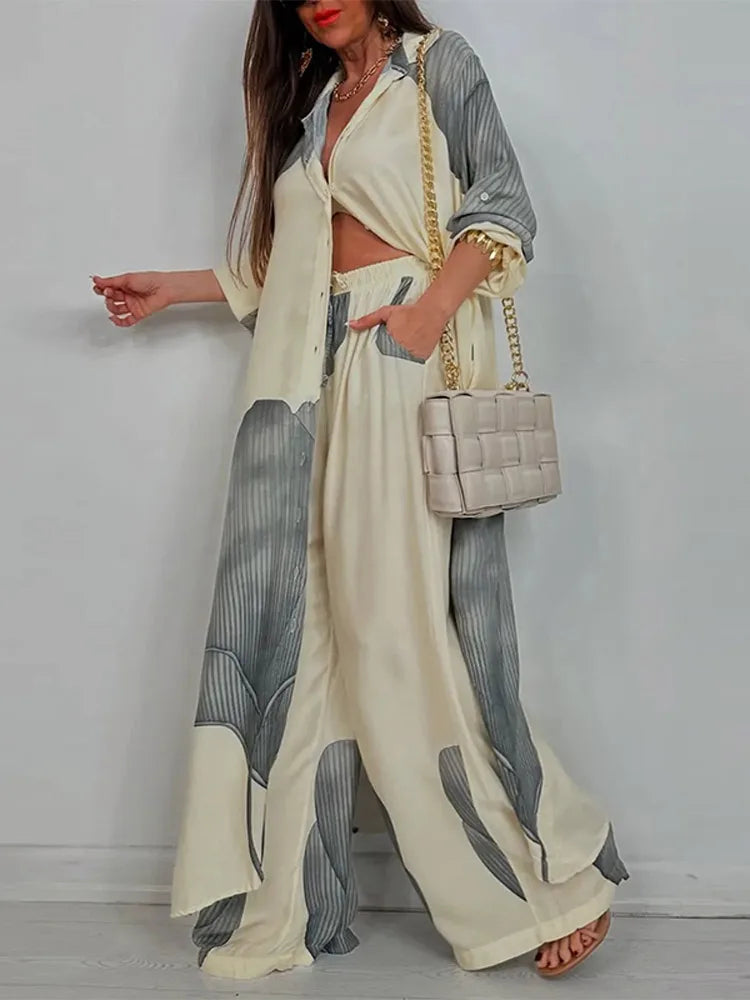 Loose Printed Long Sleeve Wide-leg Pants Outfit