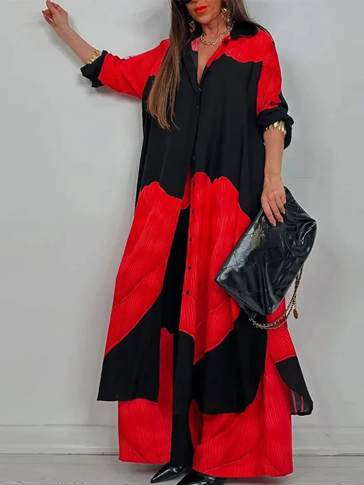 Loose Printed Long Sleeve Wide-leg Pants Outfit