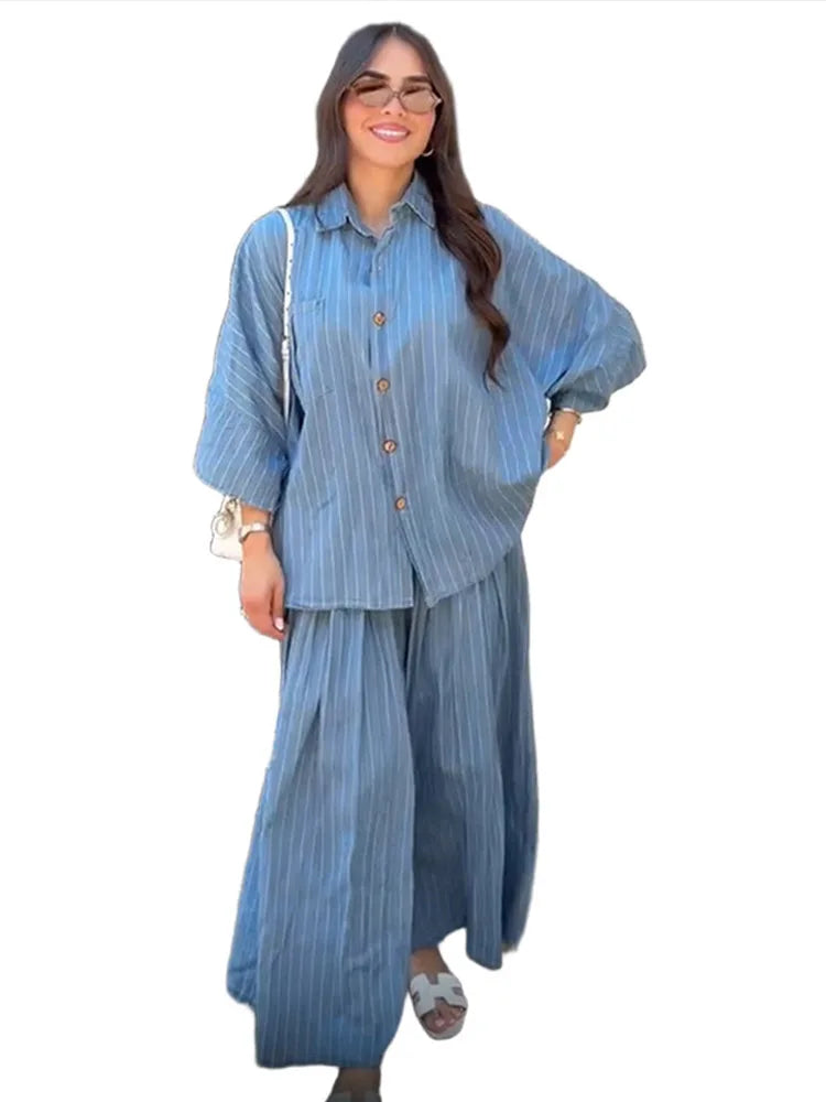 Casual Striped Shirt Wide Leg Pants Sets