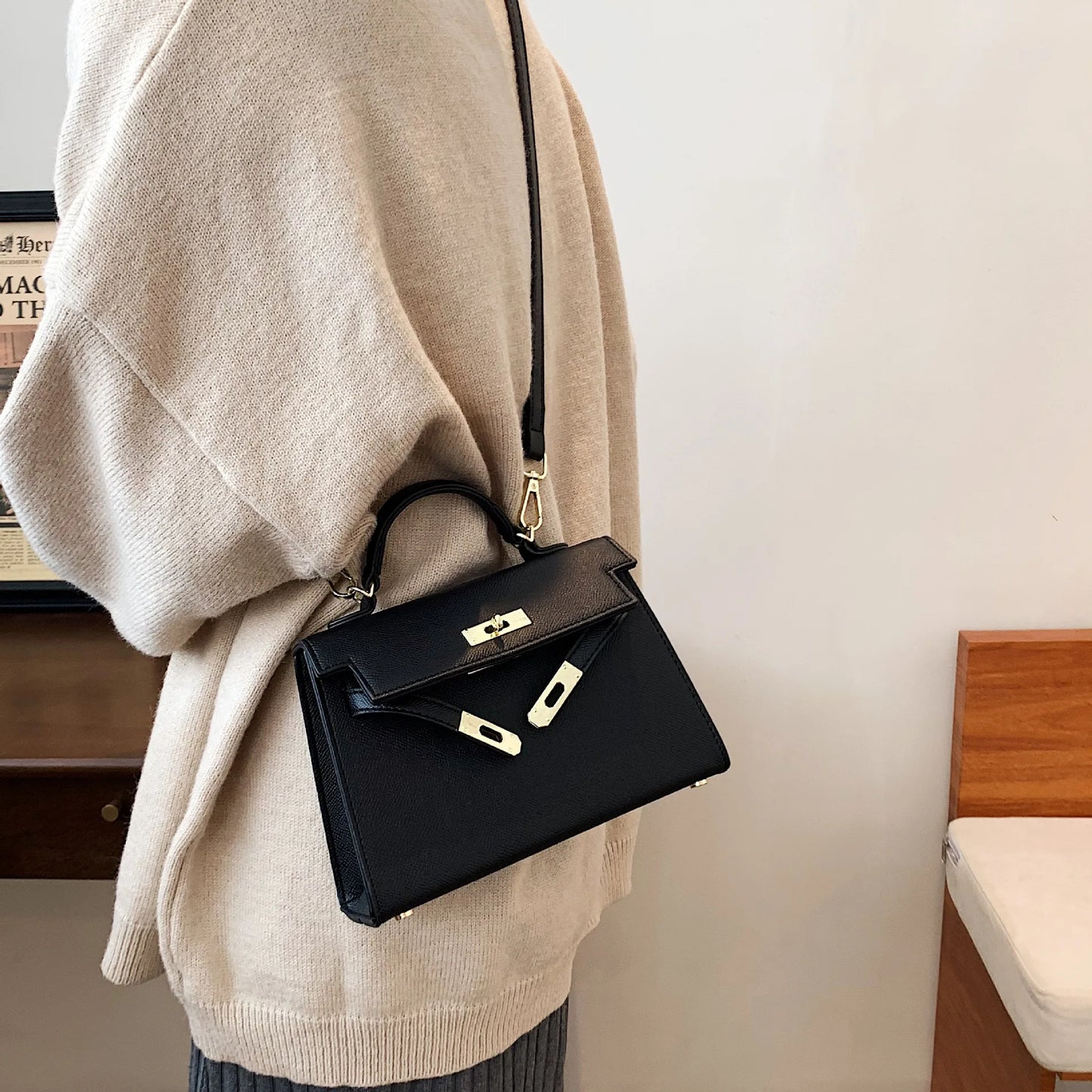 Lock-Flap Shoulder Handbag