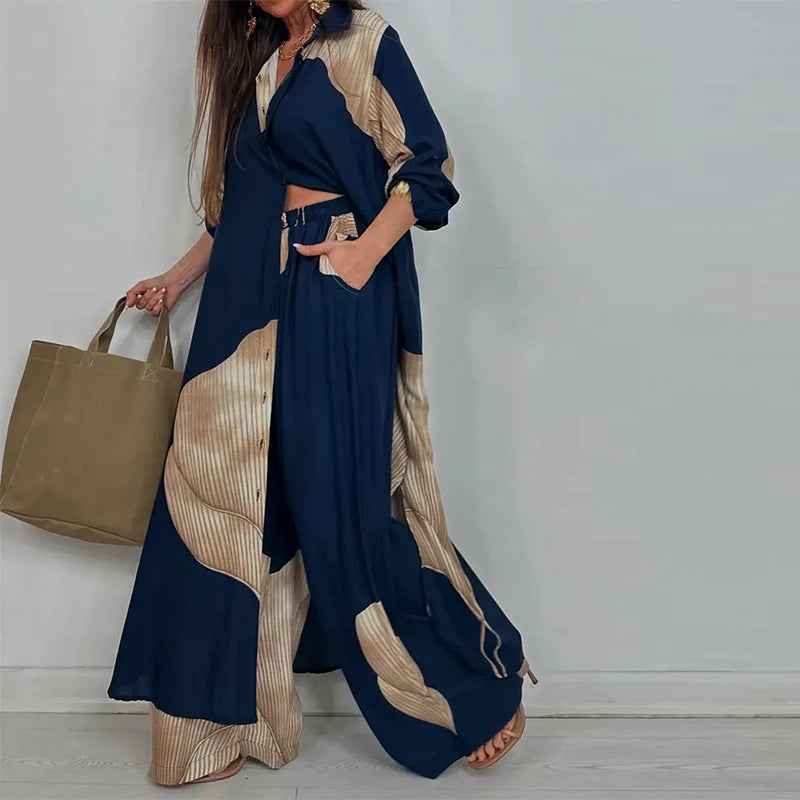 Loose Printed Long Sleeve Wide-leg Pants Outfit
