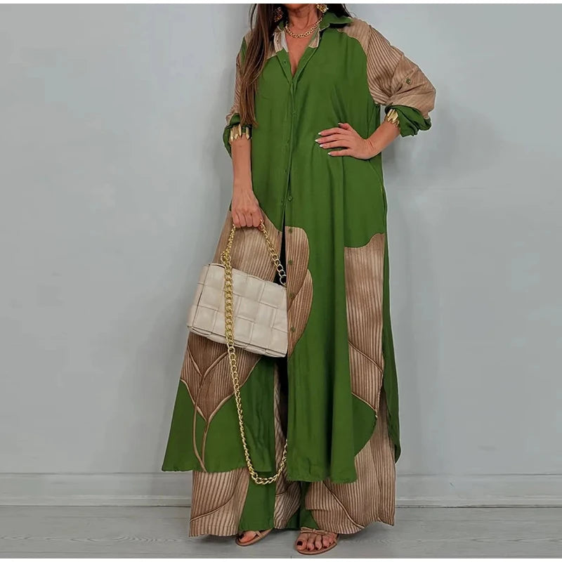 Loose Printed Long Sleeve Wide-leg Pants Outfit