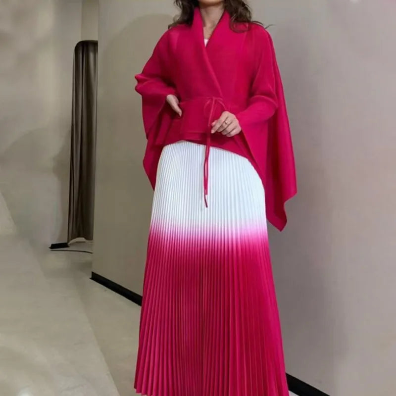 Turndown Collar Cloak Jacket Loose Skirt Set