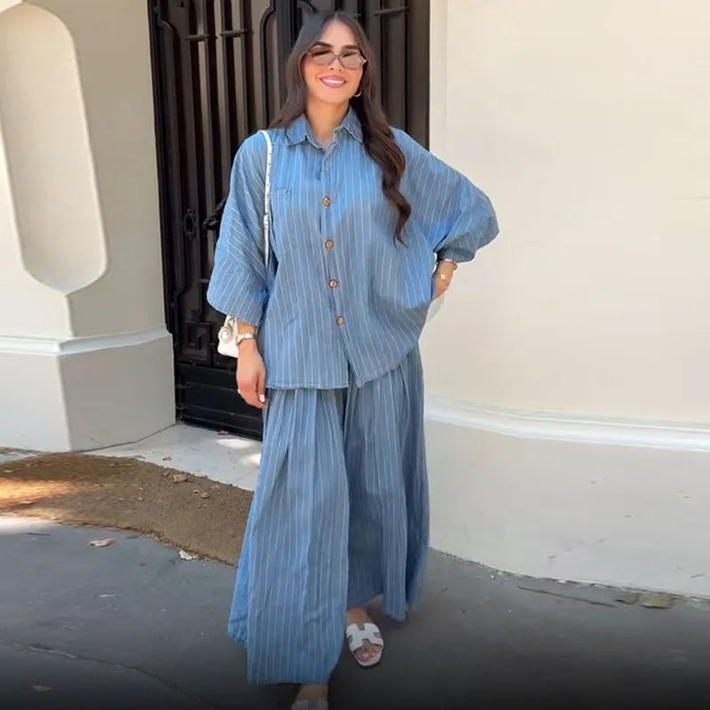 Casual Striped Shirt Wide Leg Pants Sets