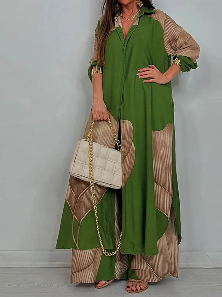Loose Printed Long Sleeve Wide-leg Pants Outfit