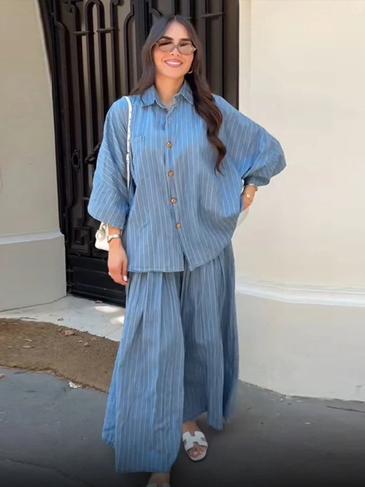 Casual Striped Shirt Wide Leg Pants Sets