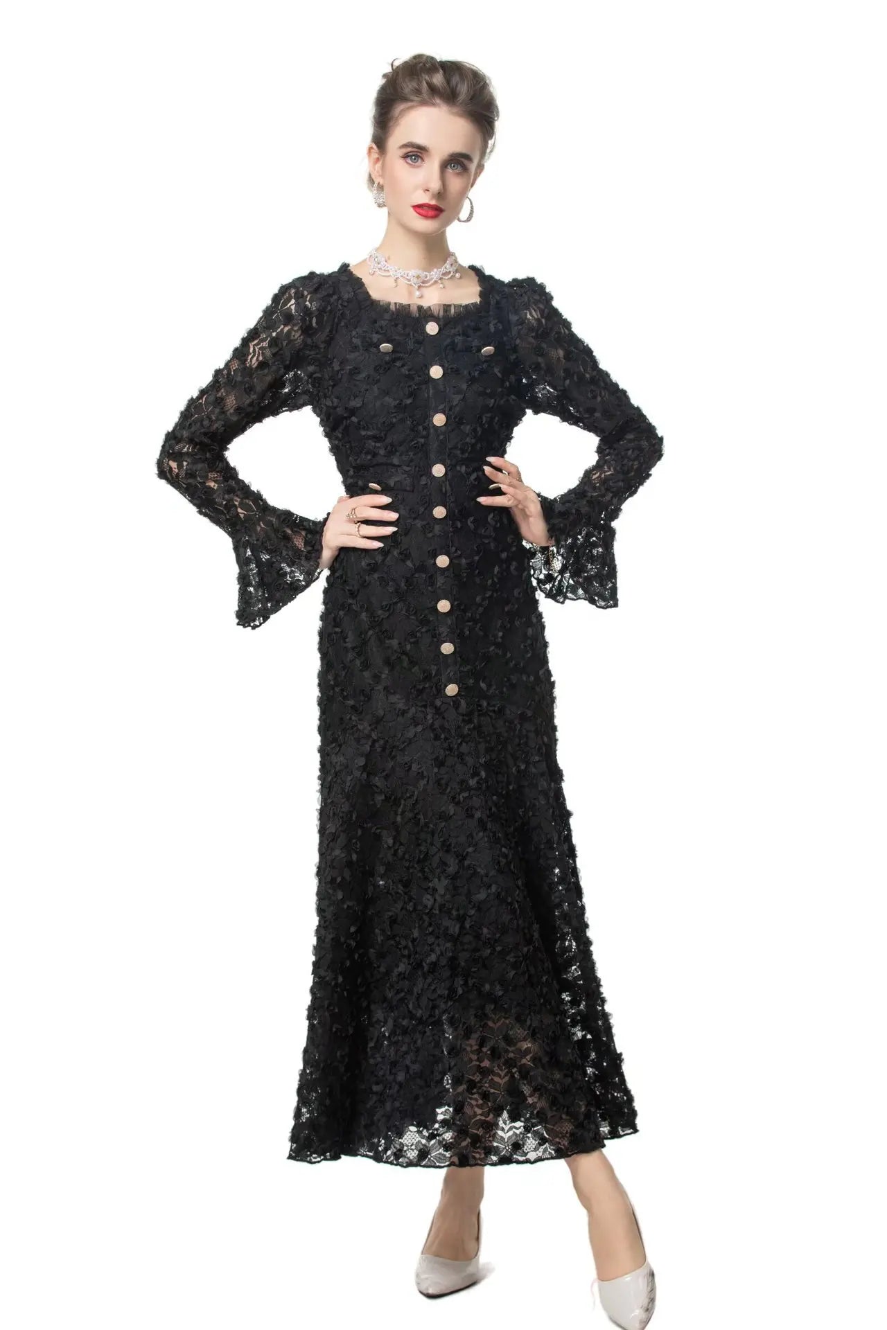 Black Lace Midi Dress Long Sleeve