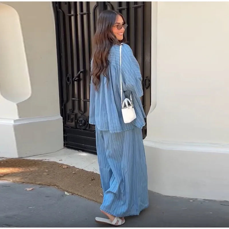 Casual Striped Shirt Wide Leg Pants Sets