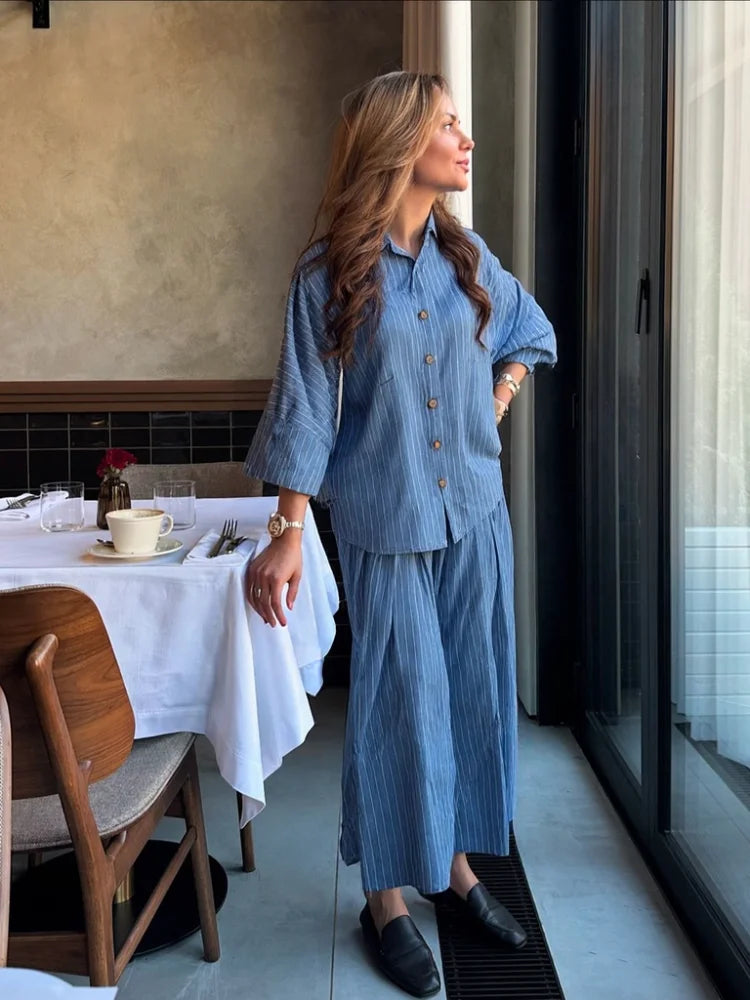 Casual Striped Shirt Wide Leg Pants Sets