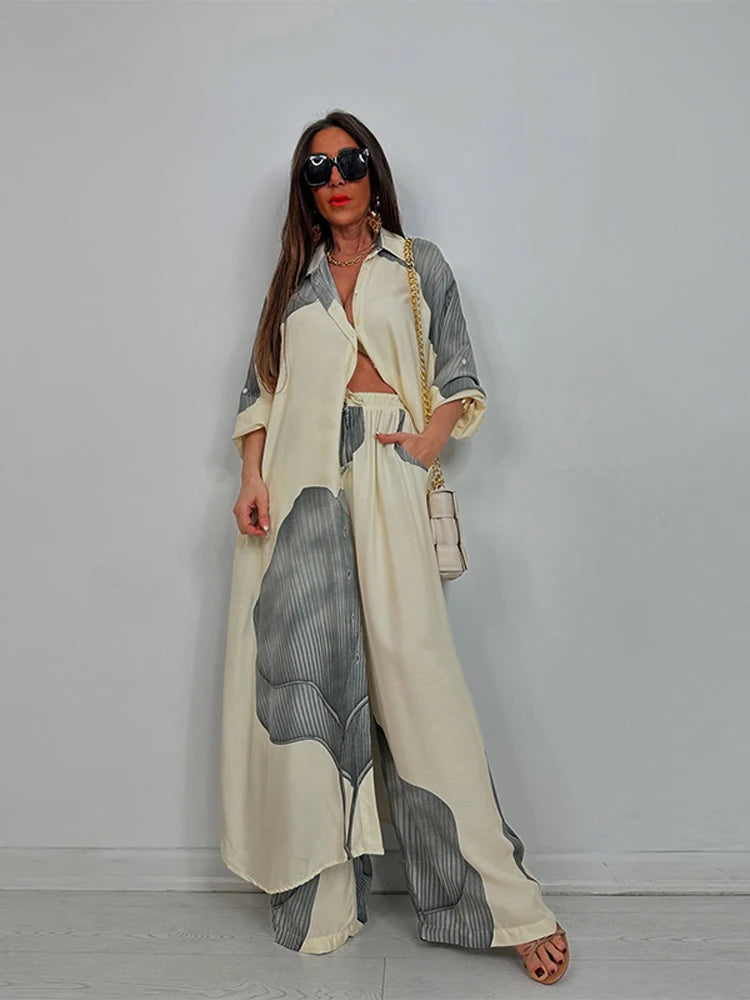 Loose Printed Long Sleeve Wide-leg Pants Outfit