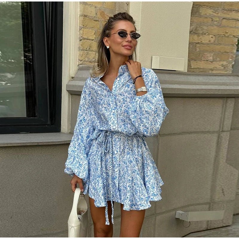 Long Sleeve Loose Ruffled Short Dress