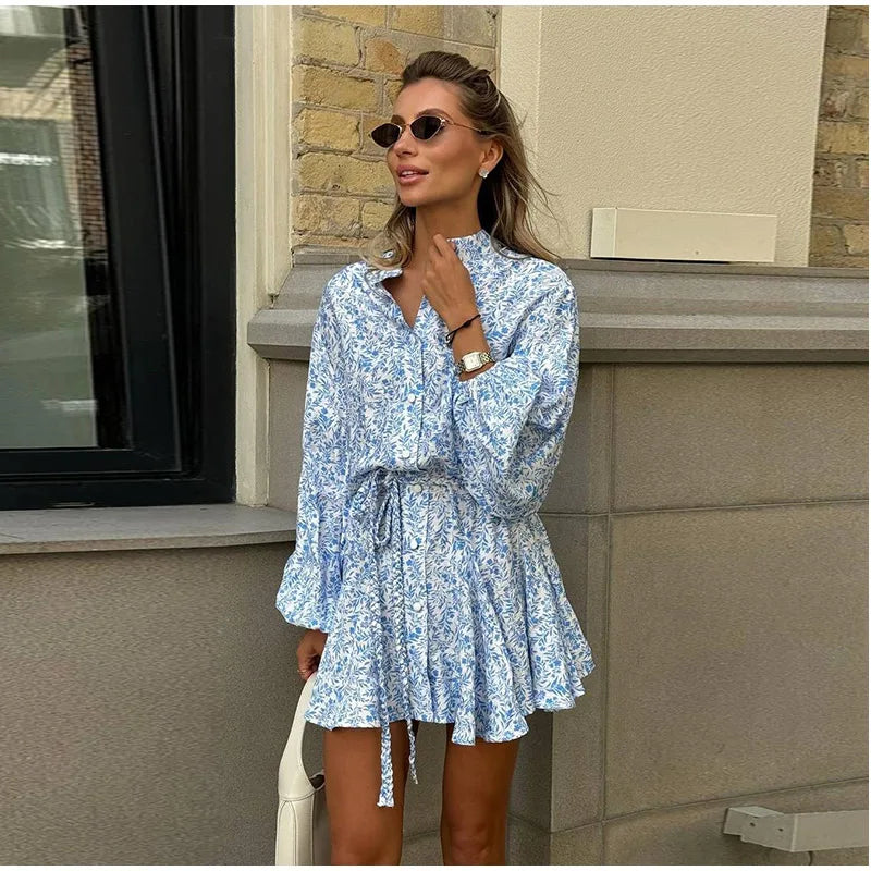 Long Sleeve Loose Ruffled Short Dress