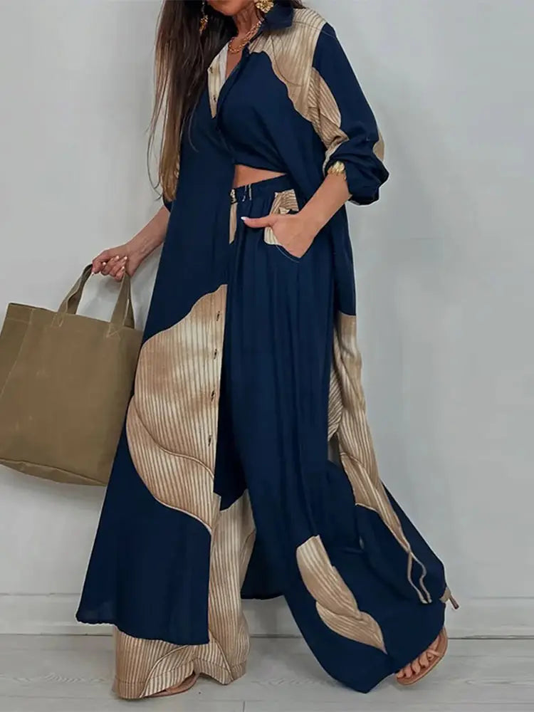 Loose Printed Long Sleeve Wide-leg Pants Outfit
