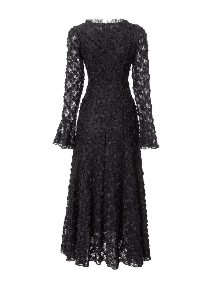 Black Lace Midi Dress Long Sleeve