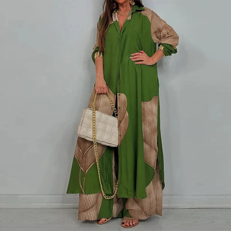 Loose Printed Long Sleeve Wide-leg Pants Outfit