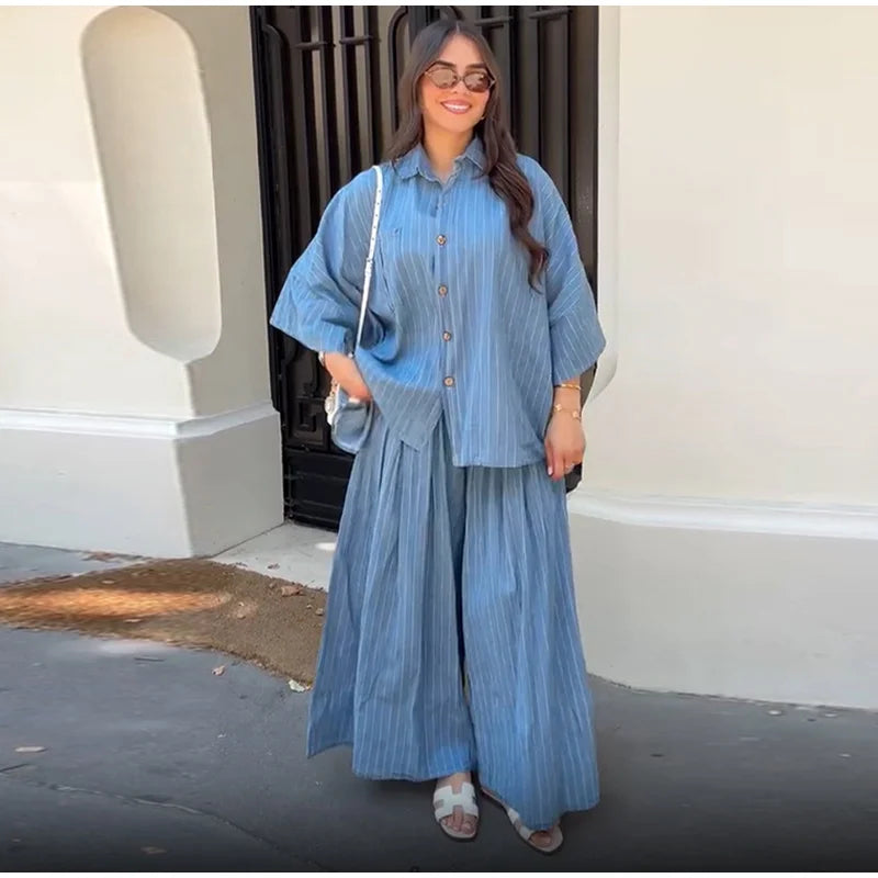 Casual Striped Shirt Wide Leg Pants Sets