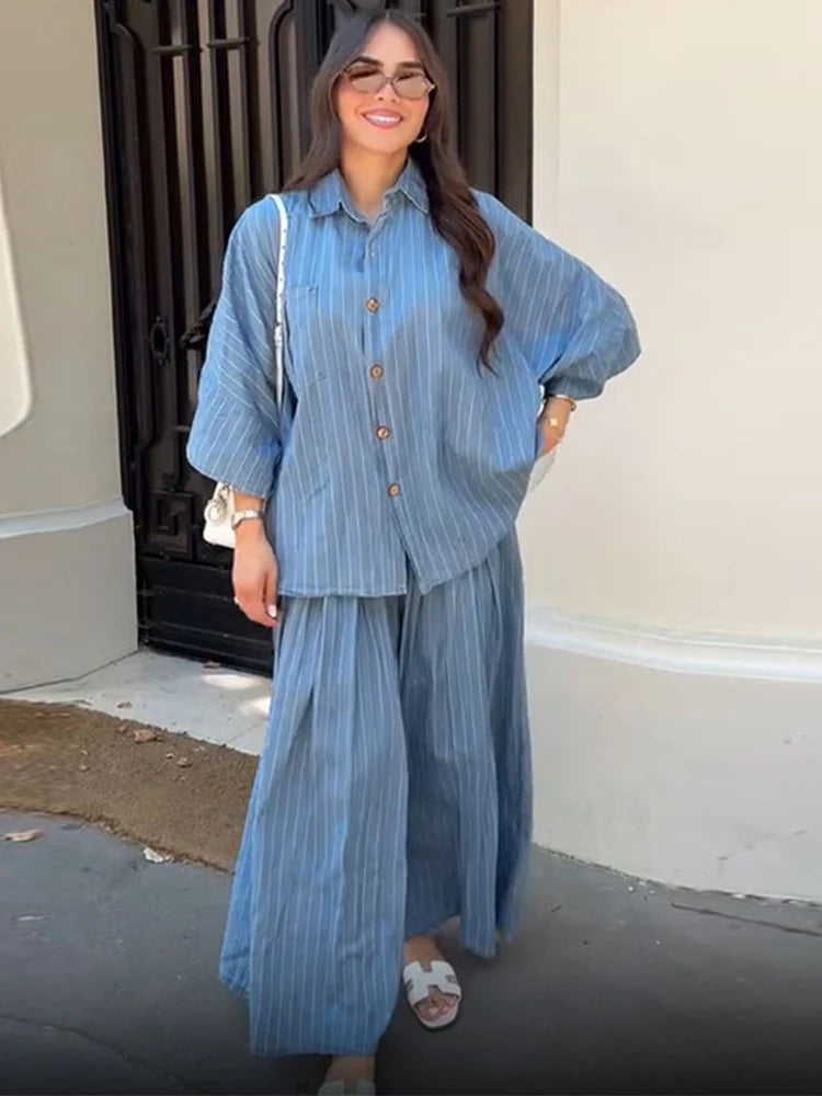 Casual Striped Shirt Wide Leg Pants Sets