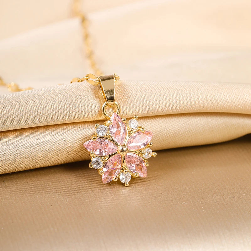 Pink Sakura Pendant Stainless Steel Necklaces