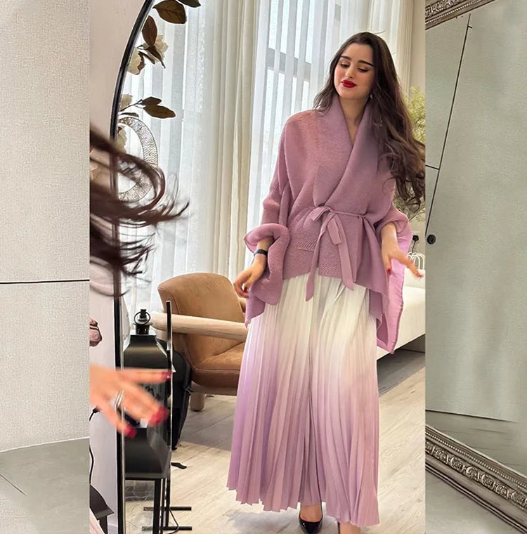Turndown Collar Cloak Jacket Loose Skirt Set