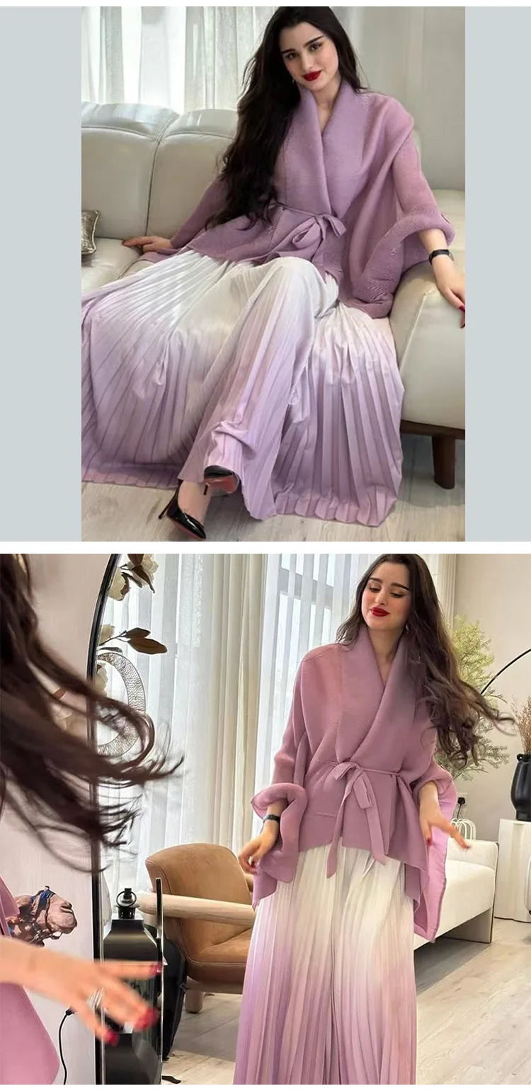 Turndown Collar Cloak Jacket Loose Skirt Set
