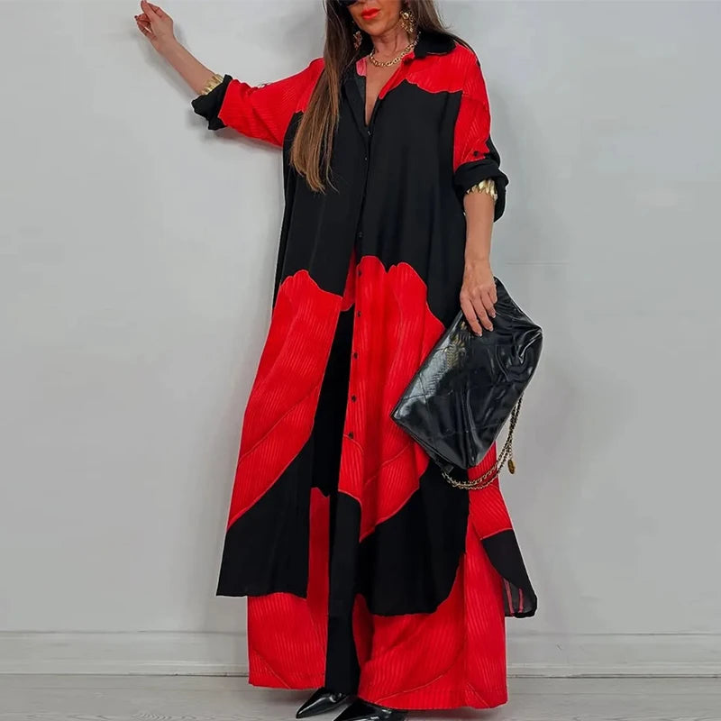 Loose Printed Long Sleeve Wide-leg Pants Outfit