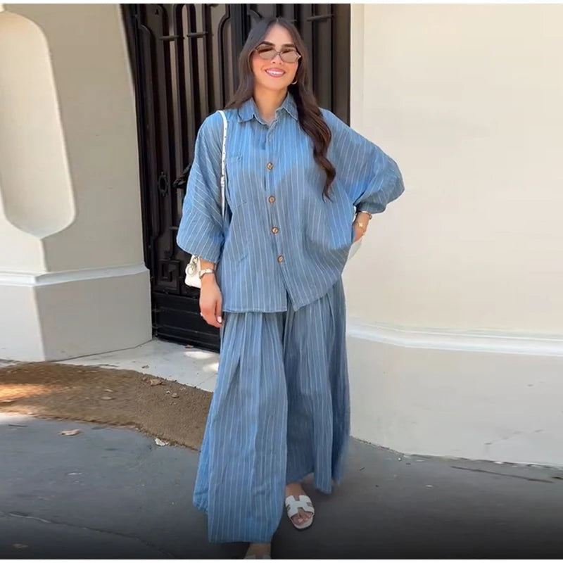 Casual Striped Shirt Wide Leg Pants Sets