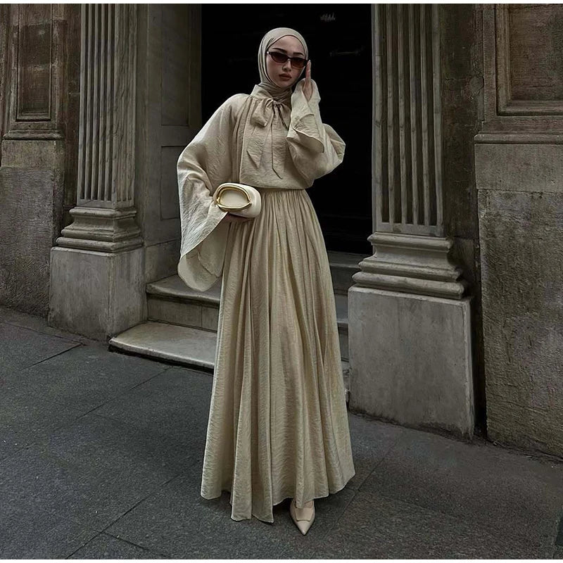 Loose Flare Sleeve Shirts High Waist Pleated Skirt