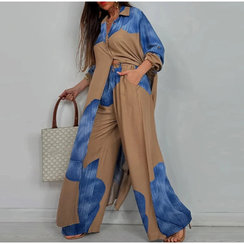 Loose Printed Long Sleeve Wide-leg Pants Outfit