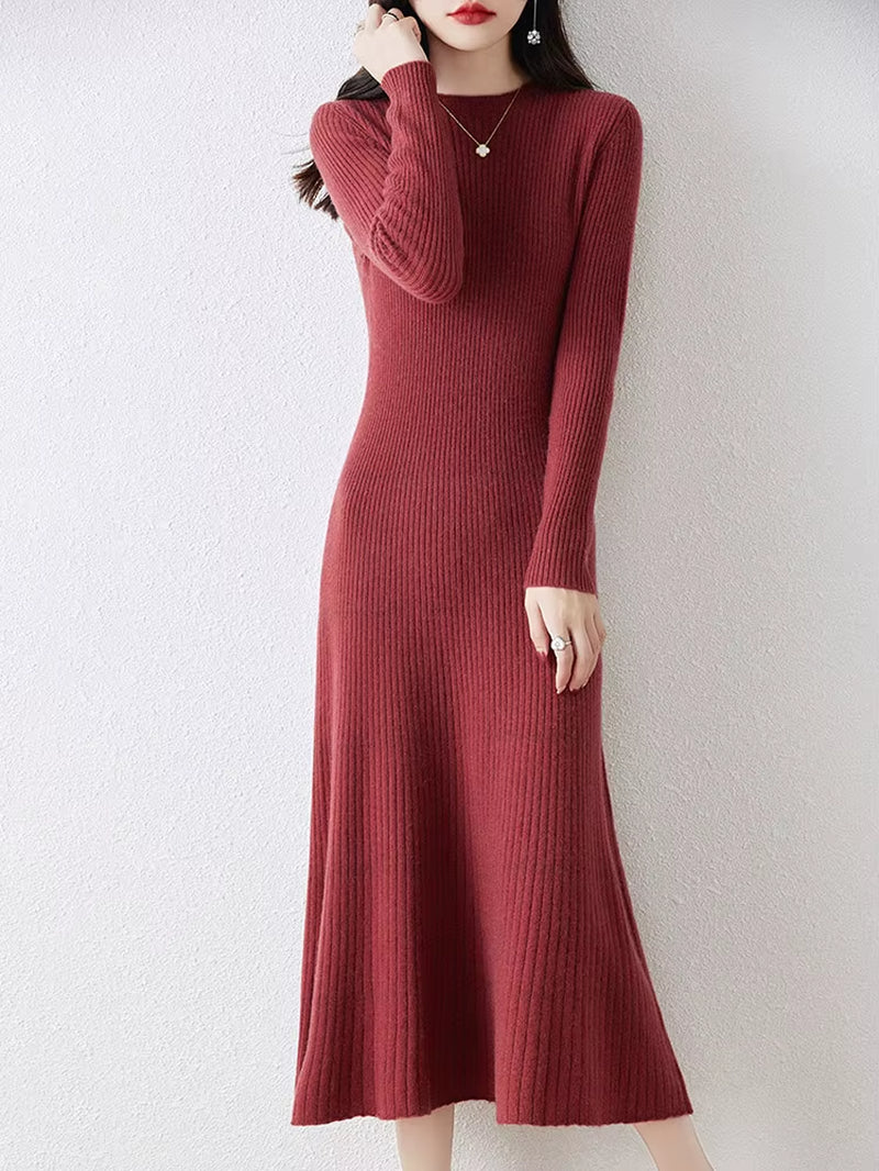 Winter/ Autumn Oneck Female Dresses 100% Wool Knitted Dress for Women 2023 New Arrival Long Style 6Colors Jumpers SY01