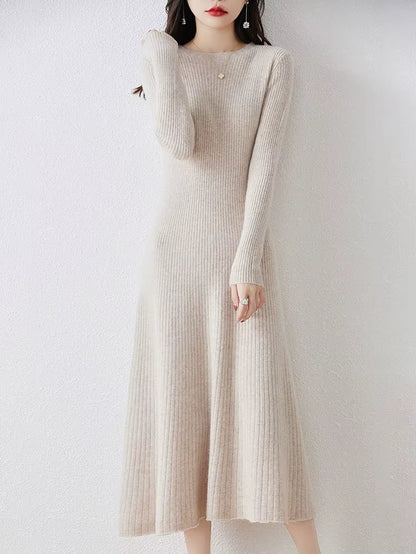 Winter/ Autumn Oneck Female Dresses 100% Wool Knitted Dress for Women 2023 New Arrival Long Style 6Colors Jumpers SY01