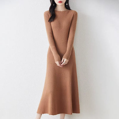 Winter/ Autumn Oneck Female Dresses 100% Wool Knitted Dress for Women 2023 New Arrival Long Style 6Colors Jumpers SY01