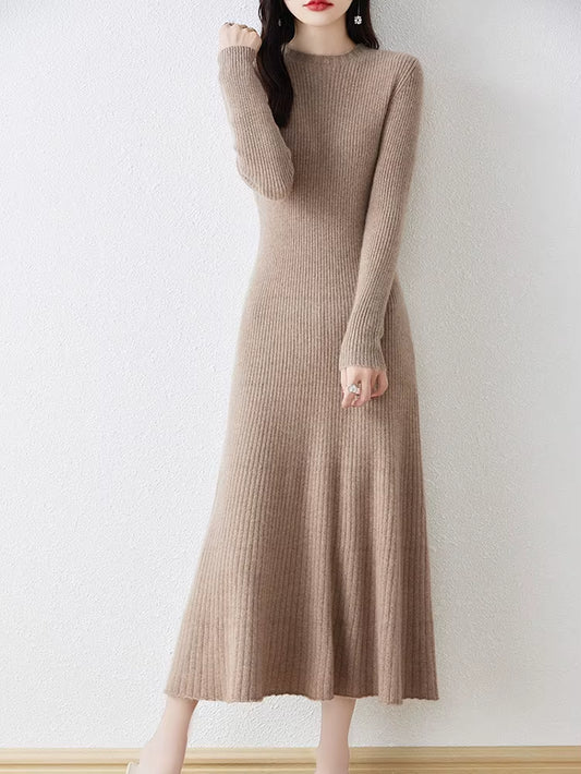Winter/ Autumn Oneck Female Dresses 100% Wool Knitted Dress for Women 2023 New Arrival Long Style 6Colors Jumpers SY01