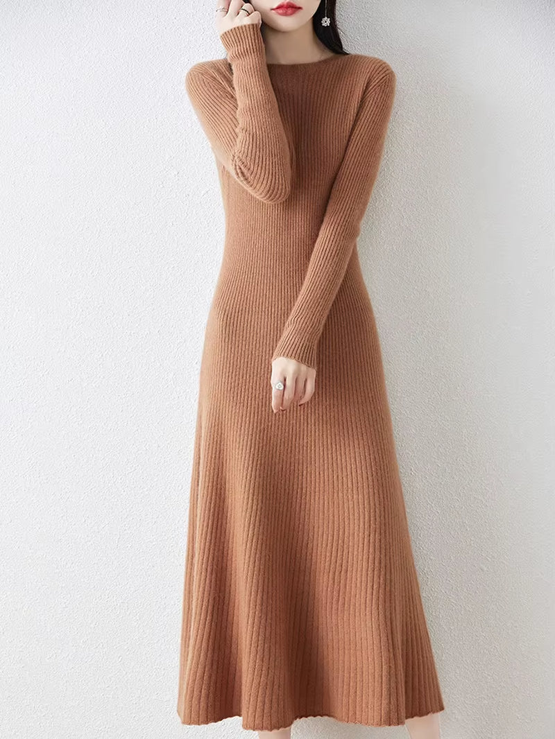 Winter/ Autumn Oneck Female Dresses 100% Wool Knitted Dress for Women 2023 New Arrival Long Style 6Colors Jumpers SY01