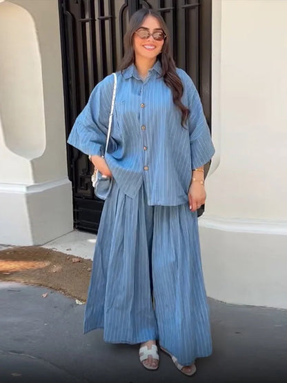 Casual Striped Shirt Wide Leg Pants Sets
