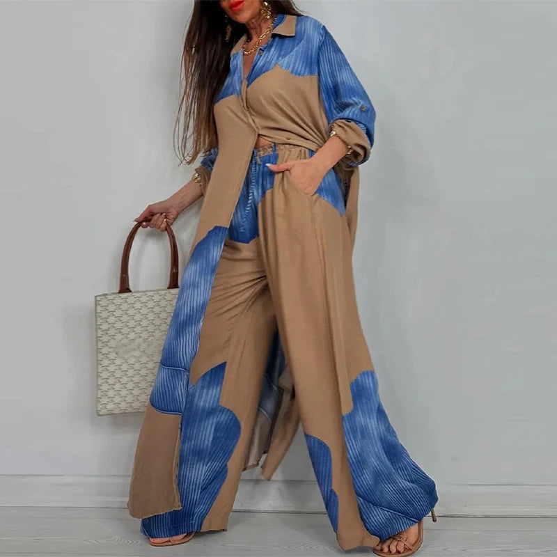 Loose Printed Long Sleeve Wide-leg Pants Outfit
