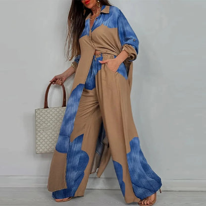 Loose Printed Long Sleeve Wide-leg Pants Outfit