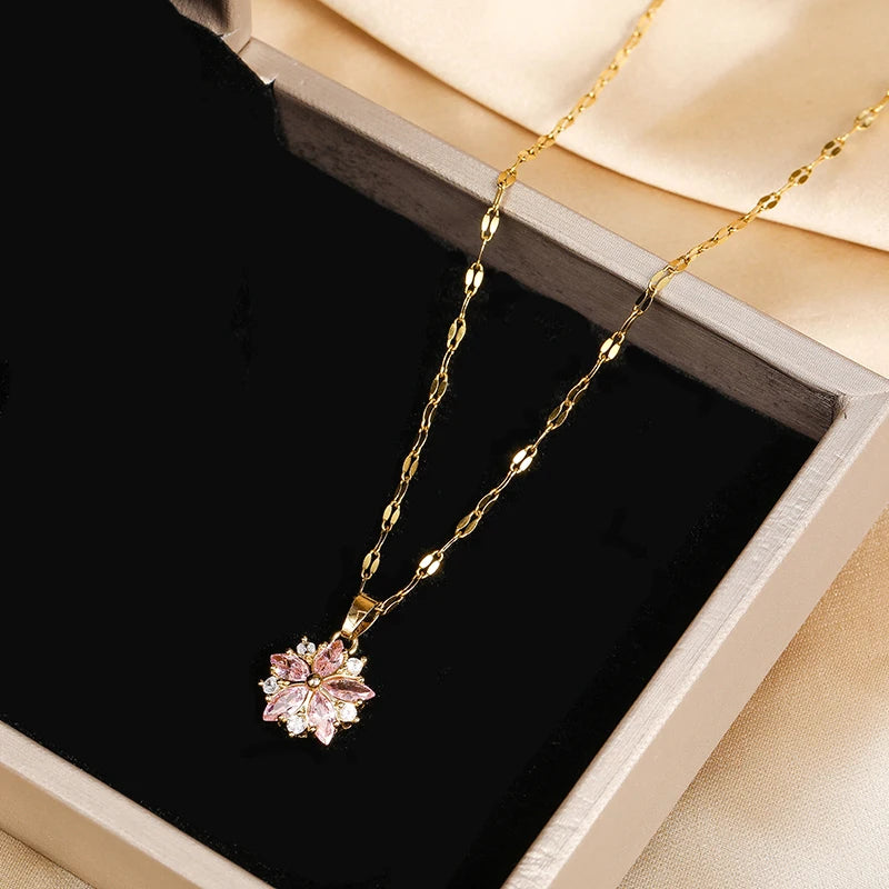 Pink Sakura Pendant Stainless Steel Necklaces
