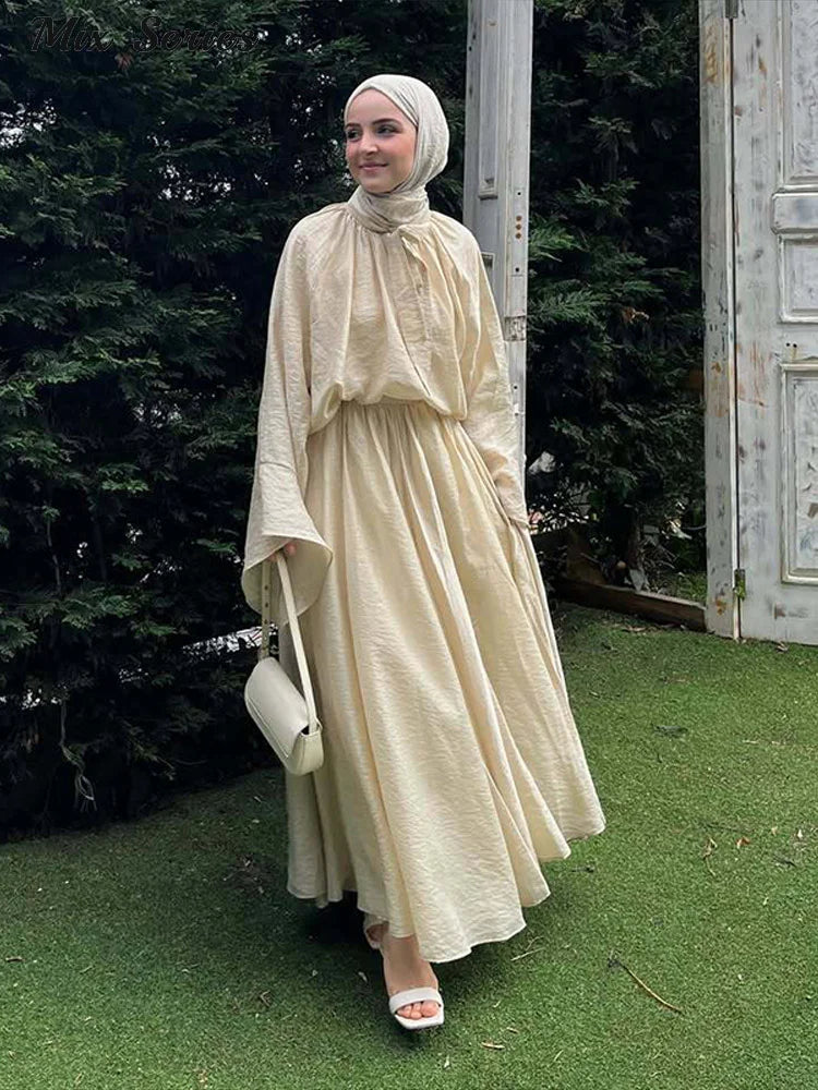 Loose Flare Sleeve Shirts High Waist Pleated Skirt