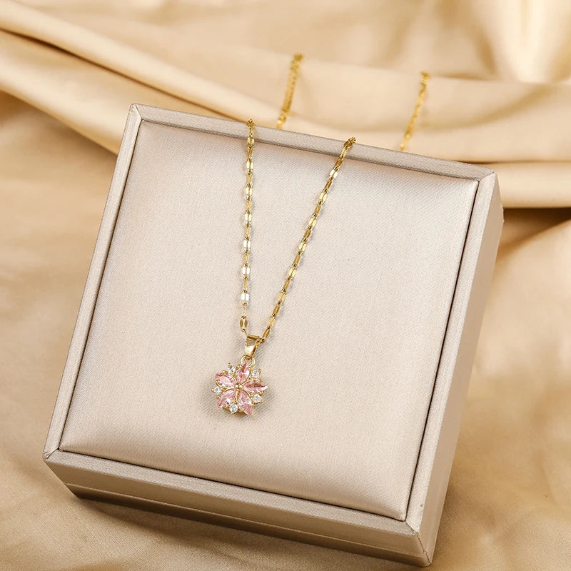 Pink Sakura Pendant Stainless Steel Necklaces