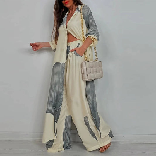 Loose Printed Long Sleeve Wide-leg Pants Outfit