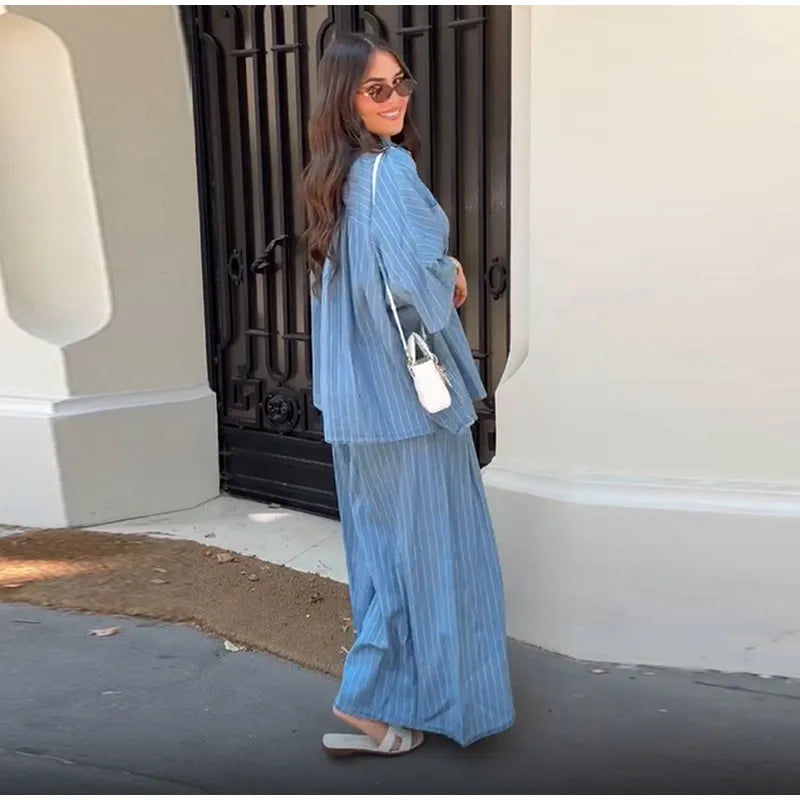 Casual Striped Shirt Wide Leg Pants Sets